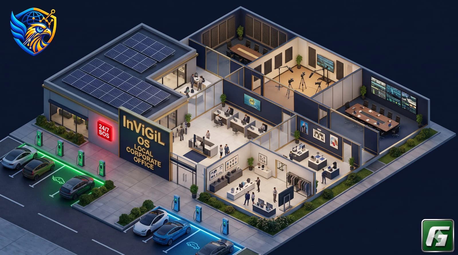 Cut-away view of an InViGiL OS office with studio, meeting rooms and gadget showroom