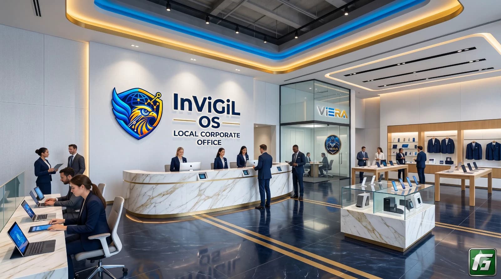 Reception and customer lobby of an InViGiL OS office with a ViERA room